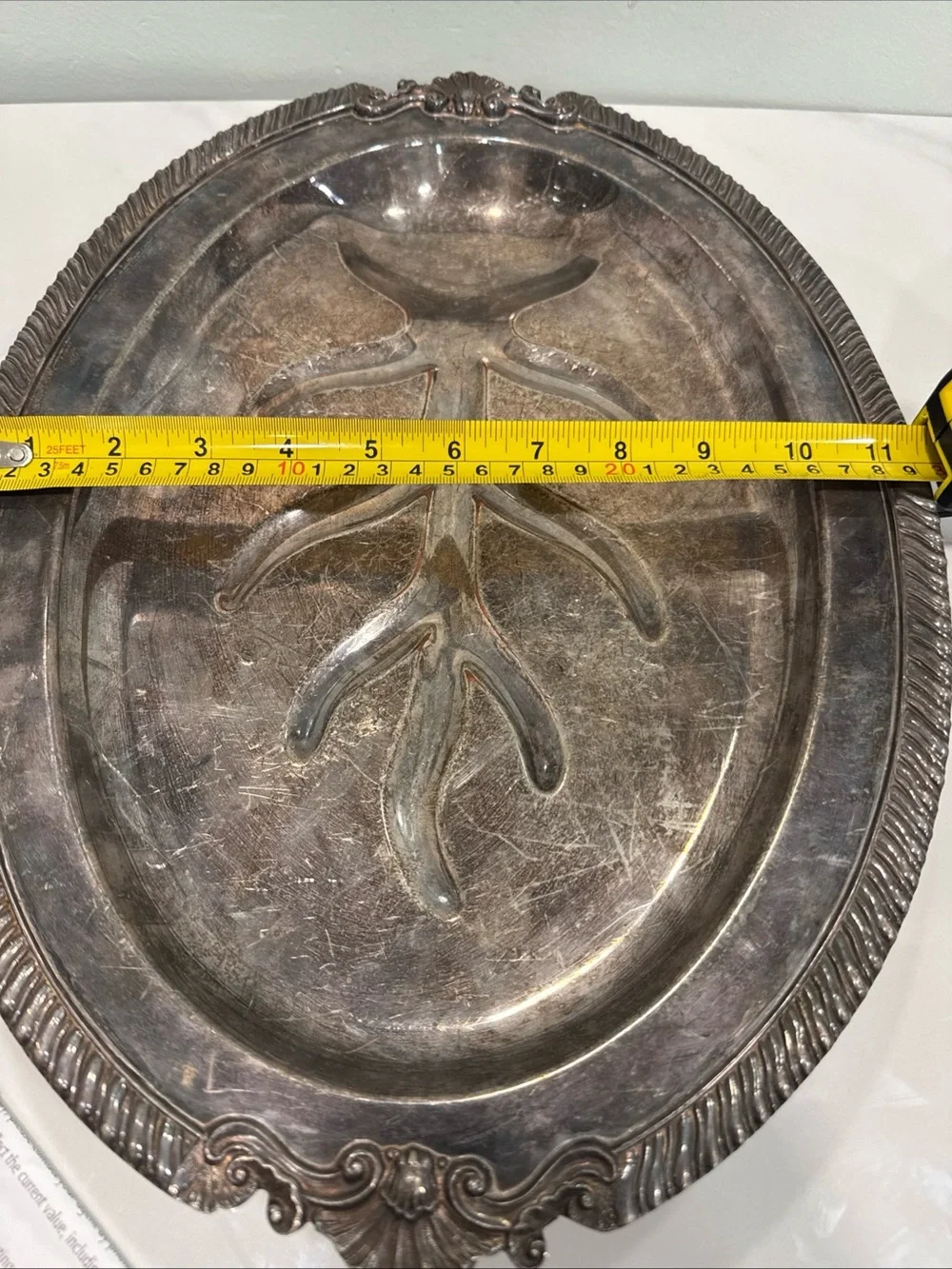 Silver-copper  Decorative Oval Serving Tray with Leaf Motif,  vintage